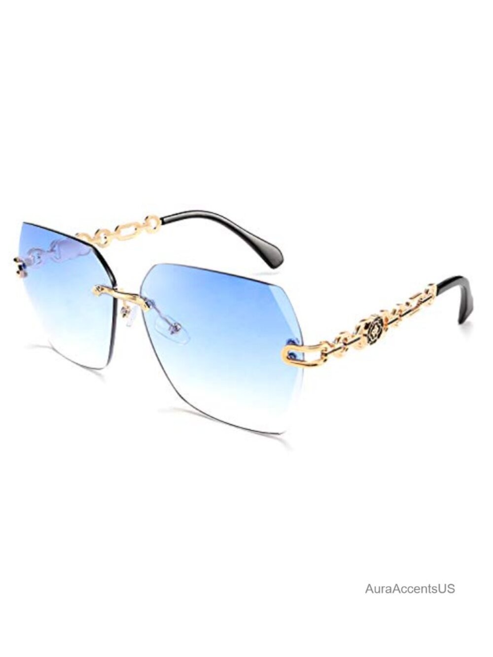 Rimless Polarized Sunglasses Gold Chain Metal Frame UV400 Hard Case